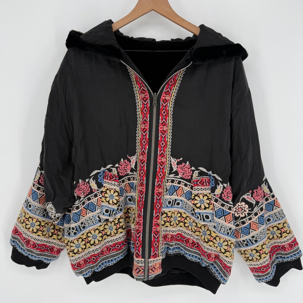 JOHNNY WAS PETE & GRETA MALINI REVERSIBLE FAUX FUR CUPRO BOMBER JACKET LARGE